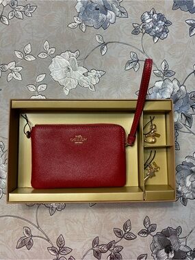 Coach Red Leather Zip Wristlet with Gold Logo Hardware NEW